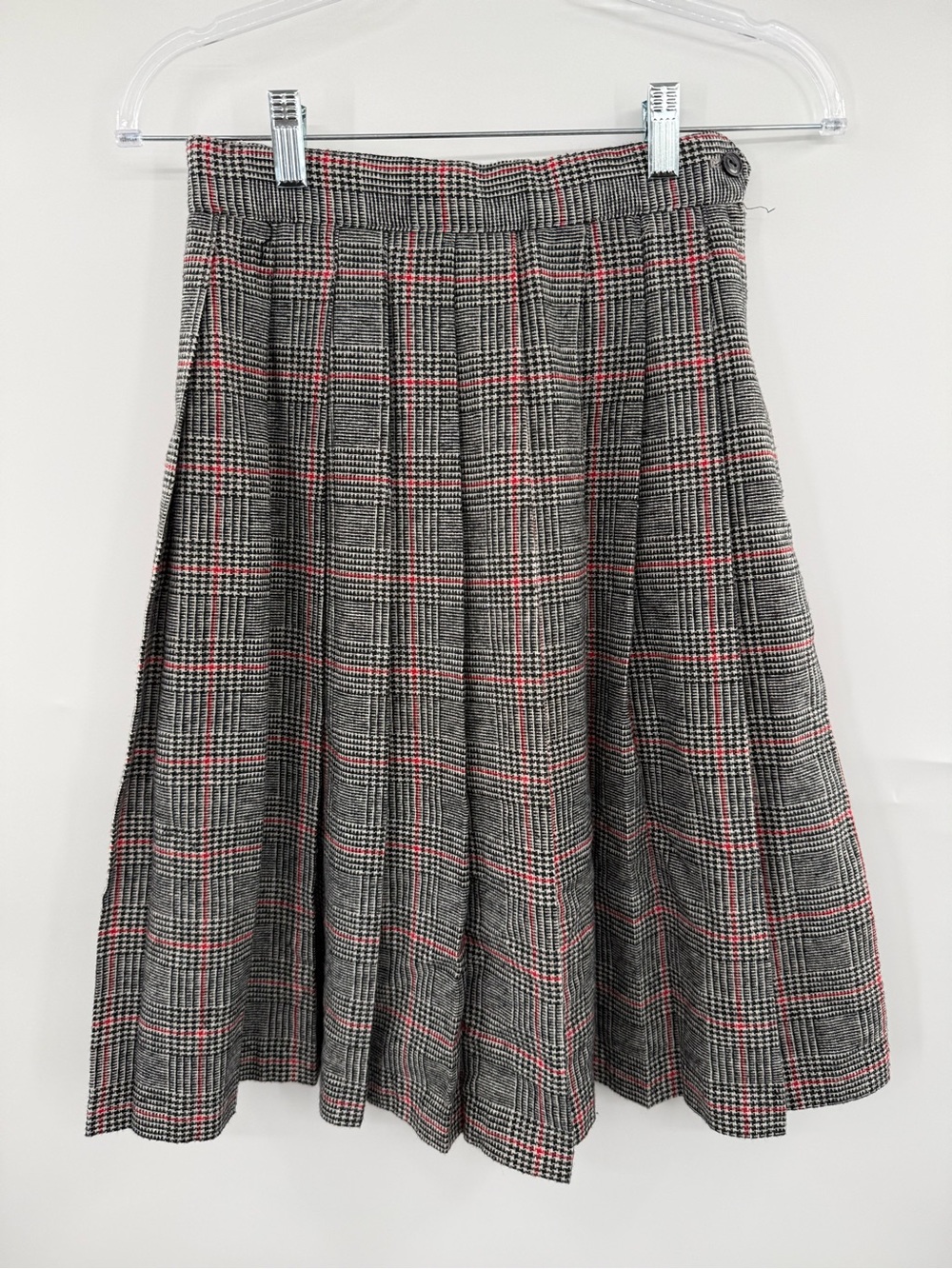 Vintage 80s Club Sacha Wool Plaid Pleated Midi Skirt Size 7 Made USA Unlined